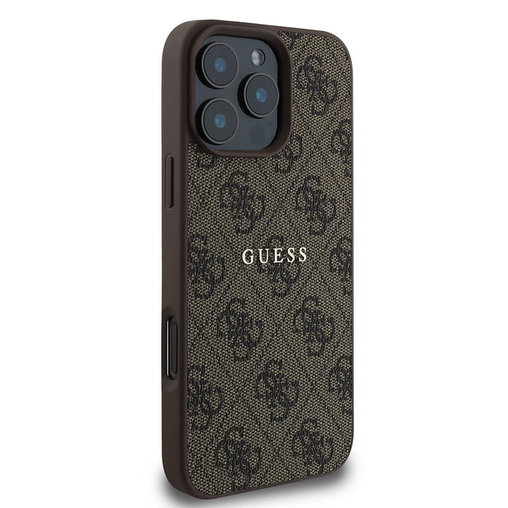 Apple iPhone 16 Pro Max Case Guess Original Licensed M-safe Charging Feature 4G Patterned Text Logo Cover Brown