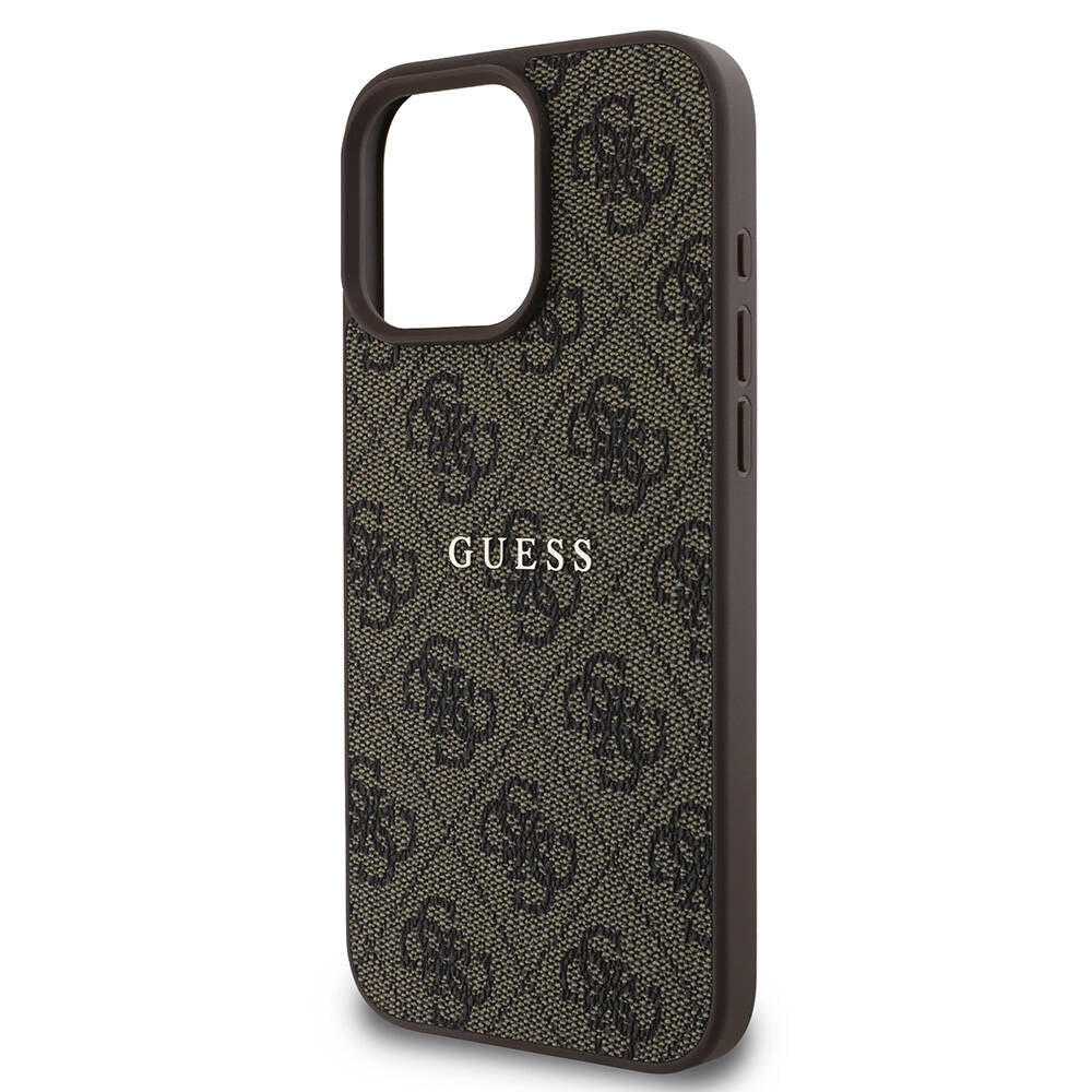 Apple iPhone 16 Pro Max Case Guess Original Licensed M-safe Charging Feature 4G Patterned Text Logo Cover Brown