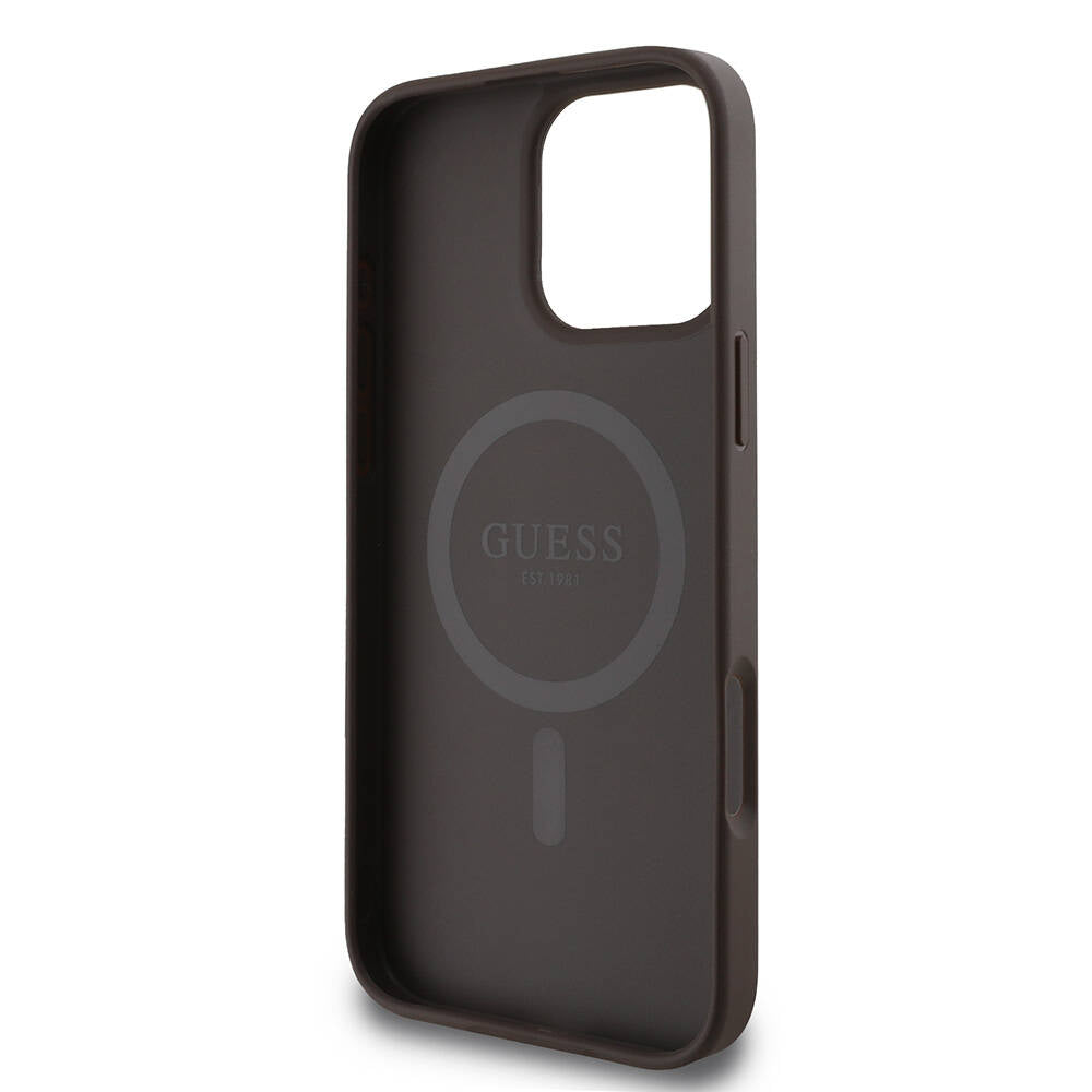 Apple iPhone 16 Pro Max Case Guess Original Licensed M-safe Charging Feature 4G Patterned Text Logo Cover Brown