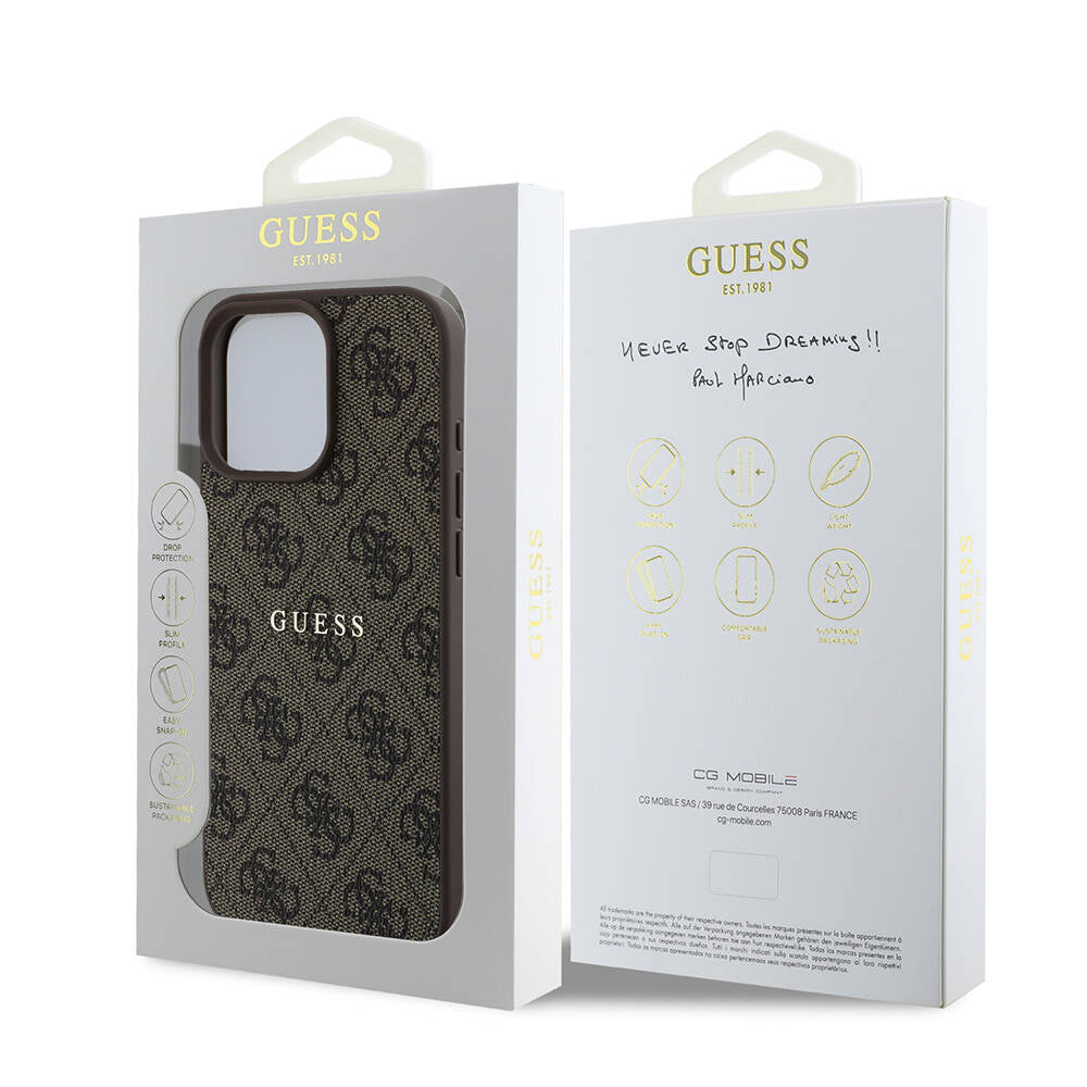Apple iPhone 16 Pro Max Case Guess Original Licensed M-safe Charging Feature 4G Patterned Text Logo Cover Brown