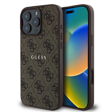 Apple iPhone 16 Pro Max Case Guess Original Licensed M-safe Charging Feature 4G Patterned Text Logo Cover Brown