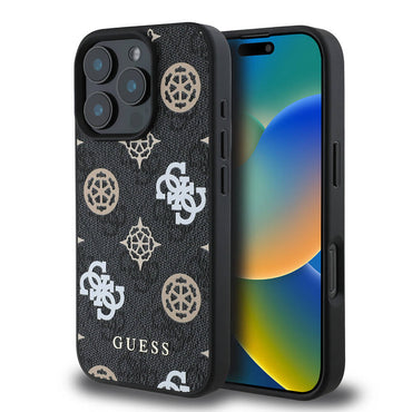 Apple iPhone 16 Pro Max Case Guess Original Licensed M-safe Charging Feature 4G Patterned Text Logo Peony Cover Brown