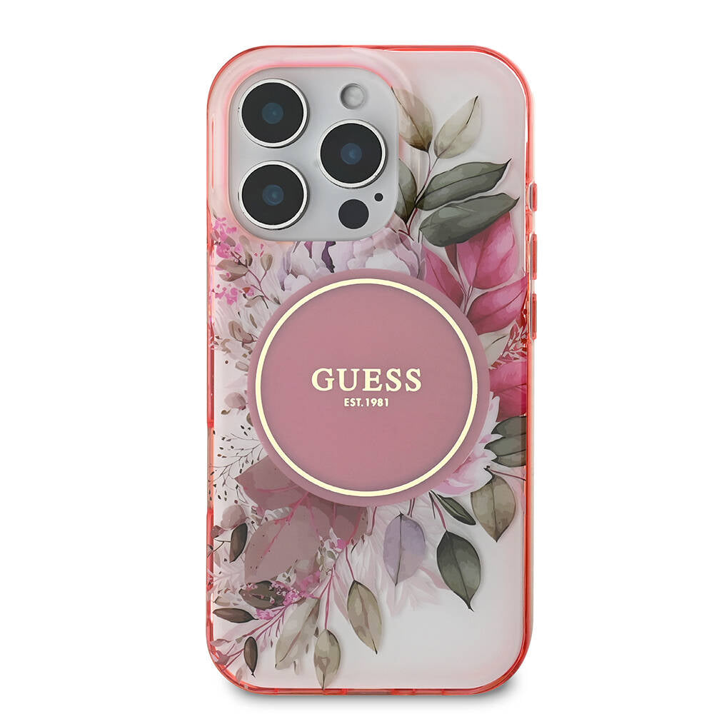 Apple iPhone 16 Pro Max Case Guess Original Licensed M-safe Charging Feature Flower Tonal Circle Cover Pink