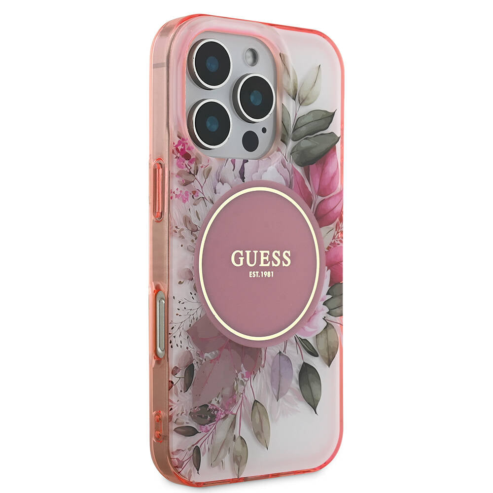 Apple iPhone 16 Pro Max Case Guess Original Licensed M-safe Charging Feature Flower Tonal Circle Cover Pink