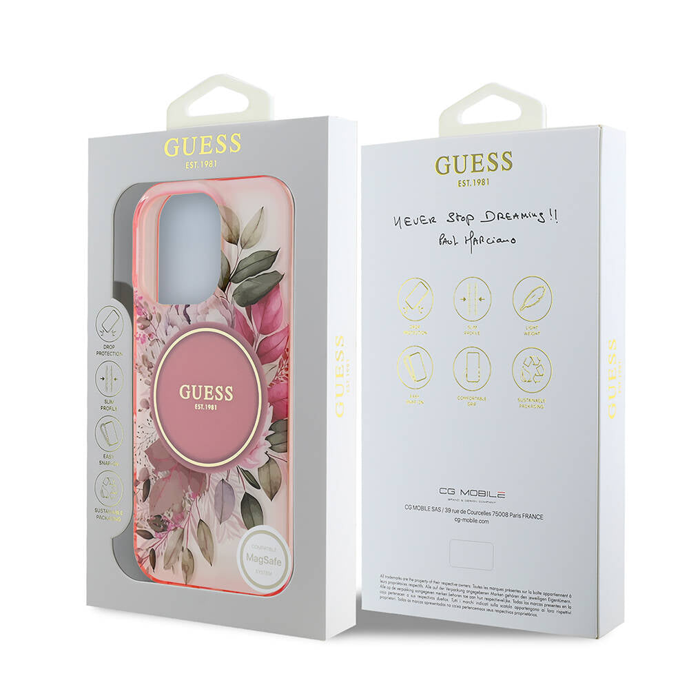 Apple iPhone 16 Pro Max Case Guess Original Licensed M-safe Charging Feature Flower Tonal Circle Cover Pink