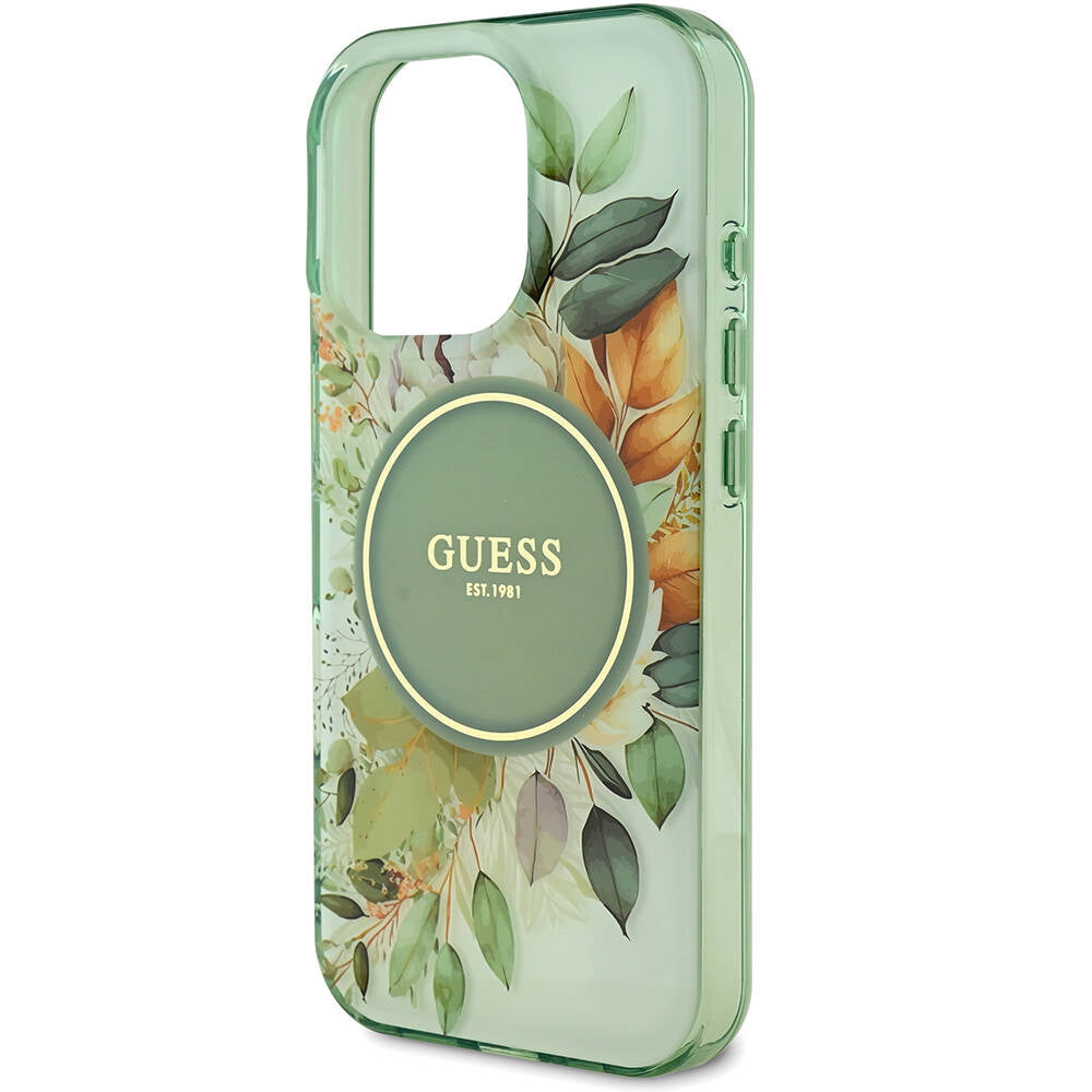 Apple iPhone 16 Pro Max Case Guess Original Licensed M-safe Charging Feature Flower Tonal Circle Cover Green