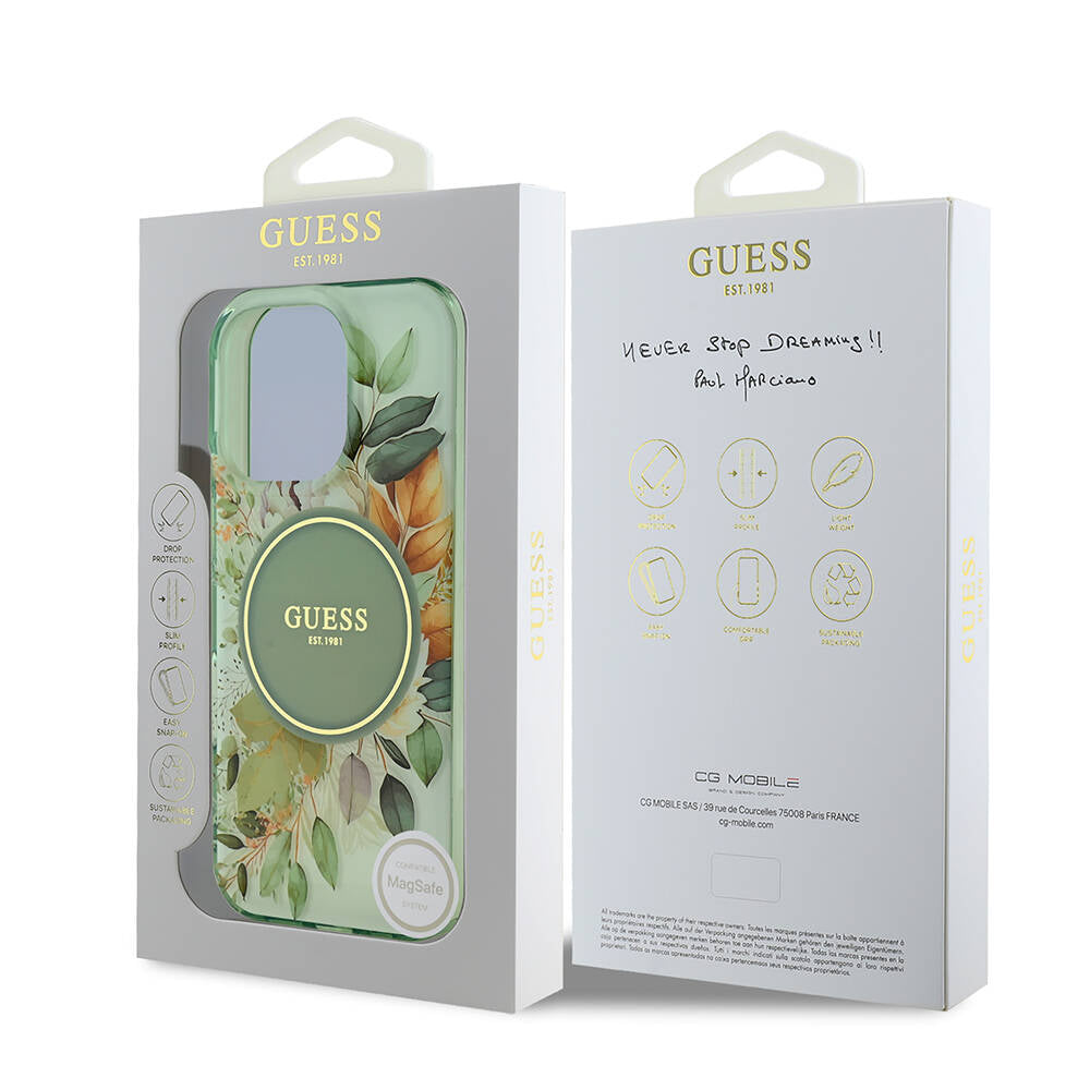 Apple iPhone 16 Pro Max Case Guess Original Licensed M-safe Charging Feature Flower Tonal Circle Cover Green