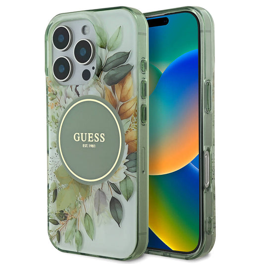 Apple iPhone 16 Pro Max Case Guess Original Licensed M-safe Charging Feature Flower Tonal Circle Cover Green