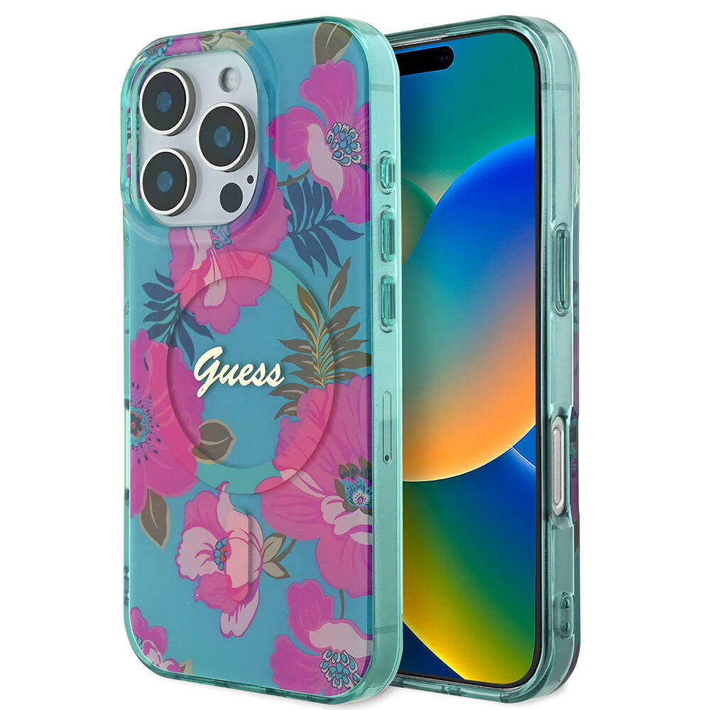 Apple iPhone 16 Pro Max Case Guess Original Licensed M-safe Charging Feature Flower Tone On Tone Ring Cover Black
