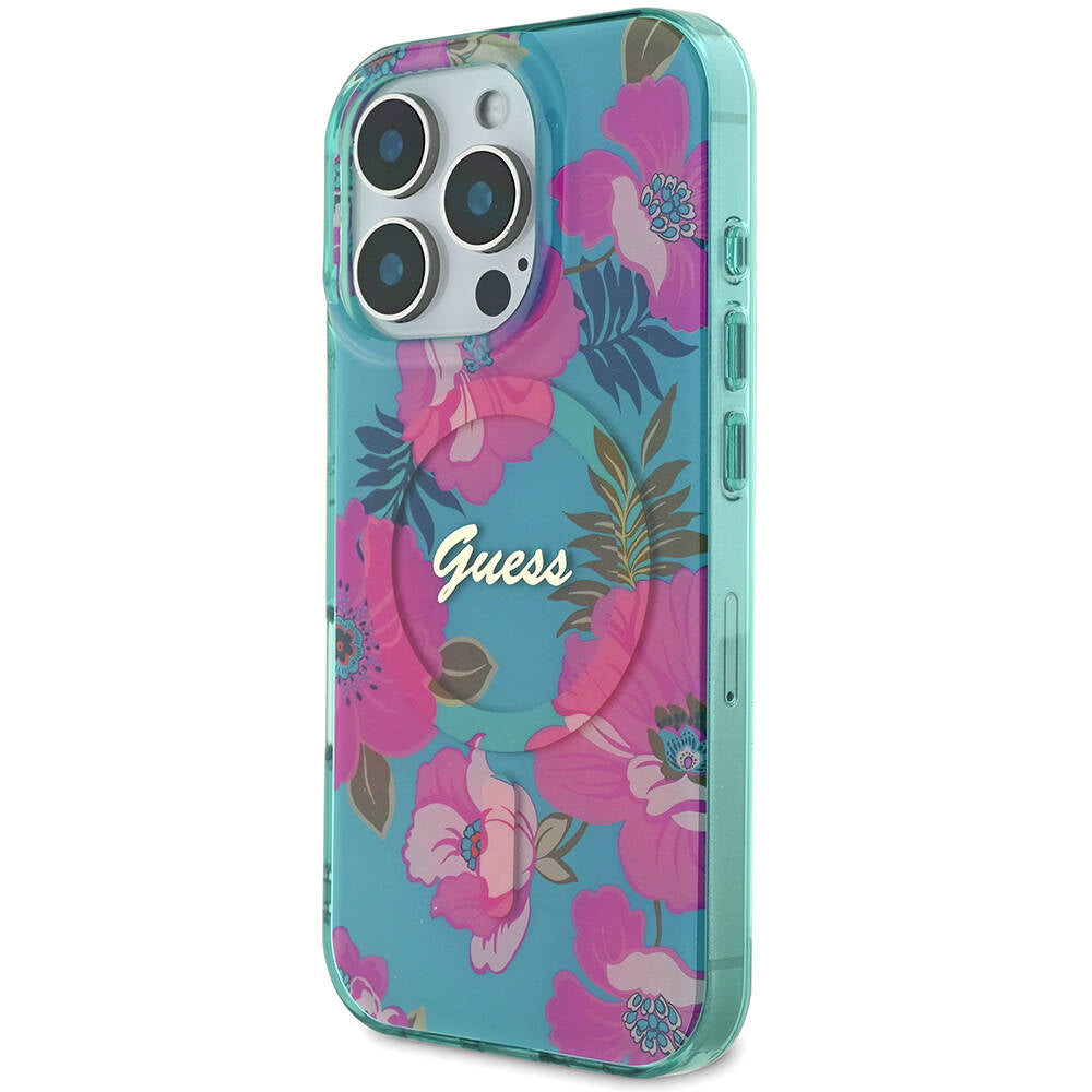 Apple iPhone 16 Pro Max Case Guess Original Licensed M-safe Charging Feature Flower Tone On Tone Ring Cover Black
