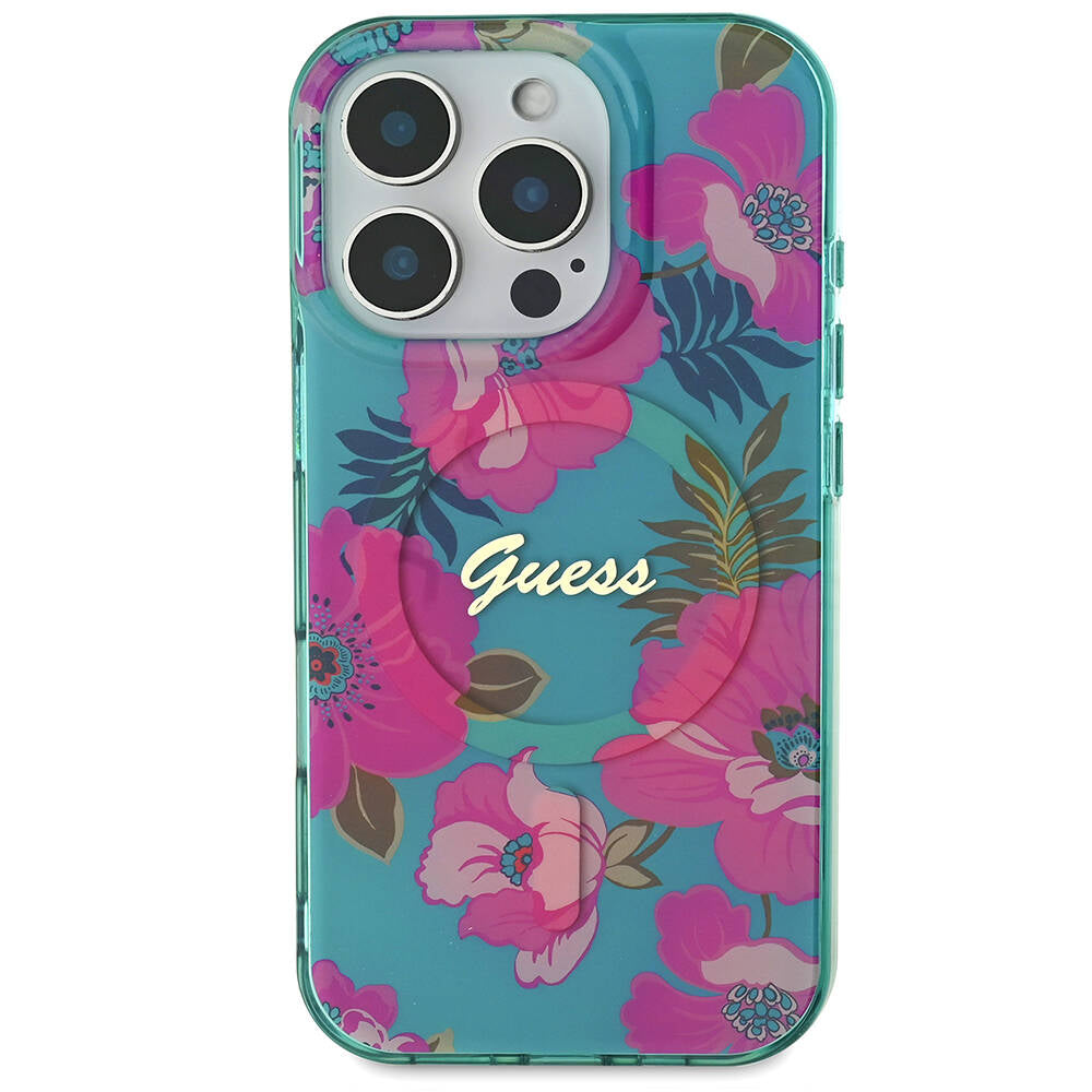 Apple iPhone 16 Pro Max Case Guess Original Licensed M-safe Charging Feature Flower Tone On Tone Ring Cover Black