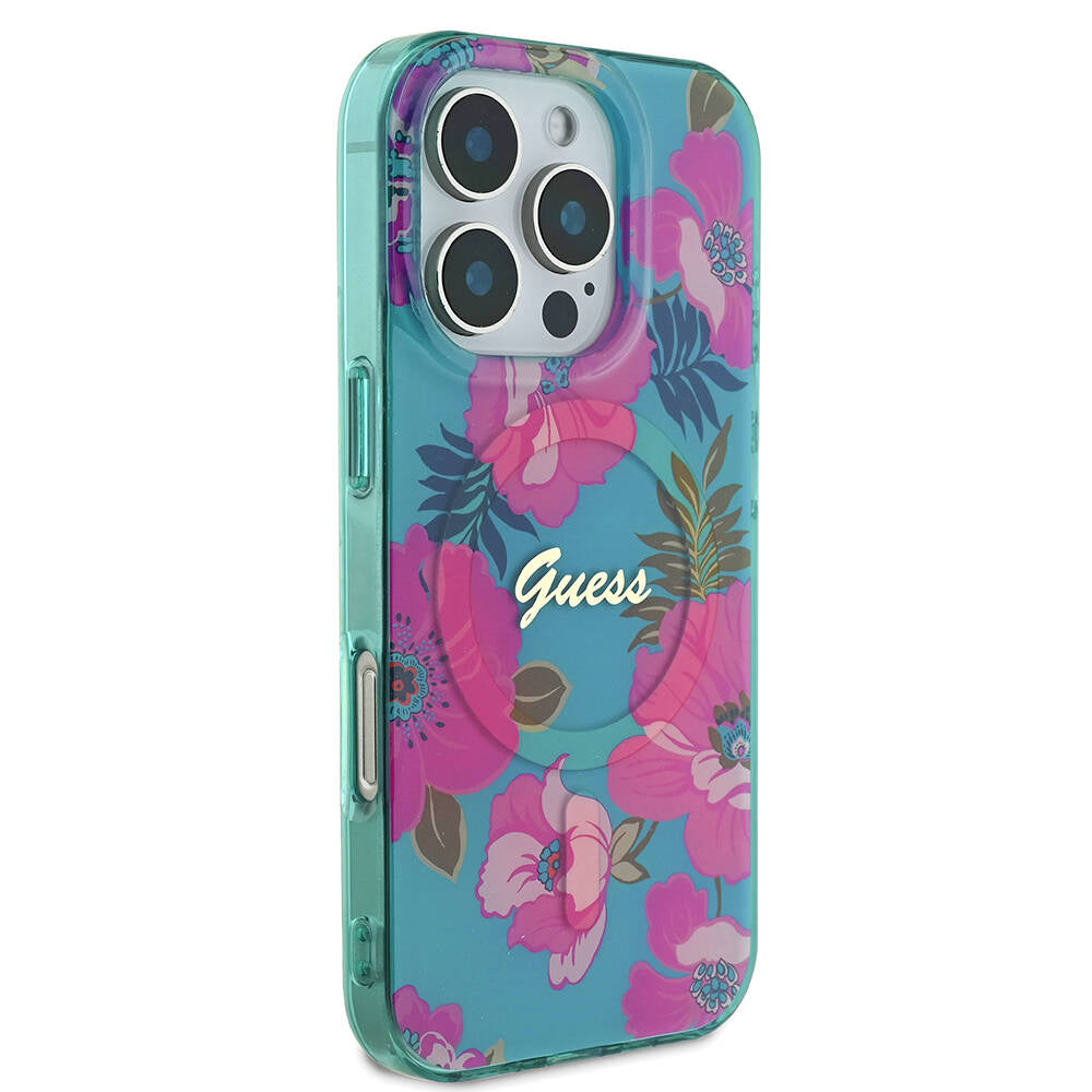 Apple iPhone 16 Pro Max Case Guess Original Licensed M-safe Charging Feature Flower Tone On Tone Ring Cover Black