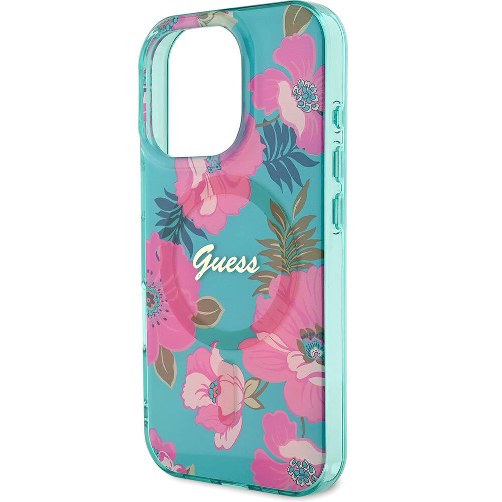 Apple iPhone 16 Pro Max Case Guess Original Licensed M-safe Charging Feature Flower Tone On Tone Ring Cover Black