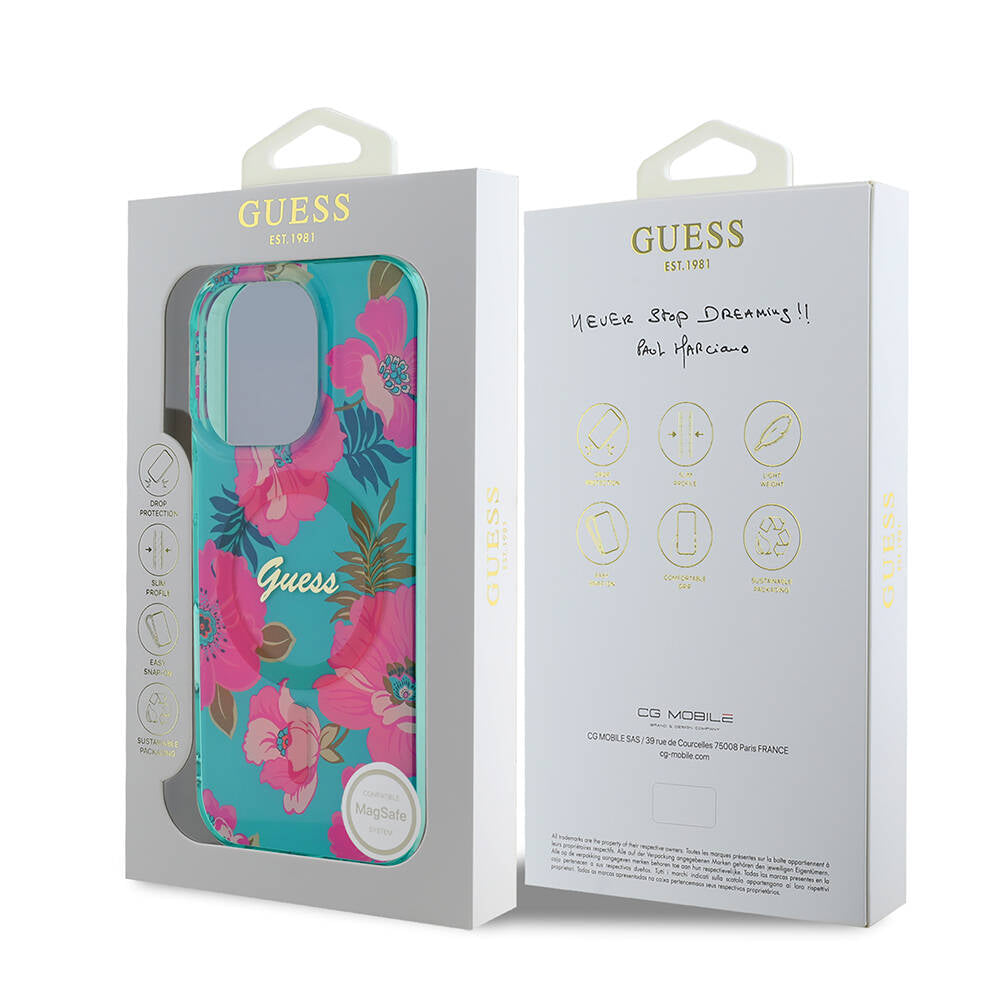 Apple iPhone 16 Pro Max Case Guess Original Licensed M-safe Charging Feature Flower Tone On Tone Ring Cover Black
