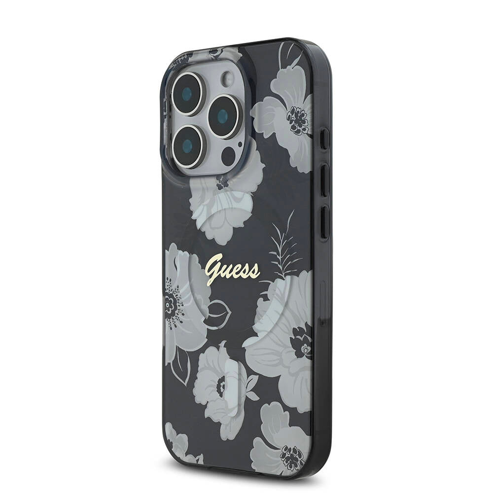 Apple iPhone 16 Pro Max Case Guess Original Licensed M-safe Charging Feature Flower Tone On Tone Ring Cover Black