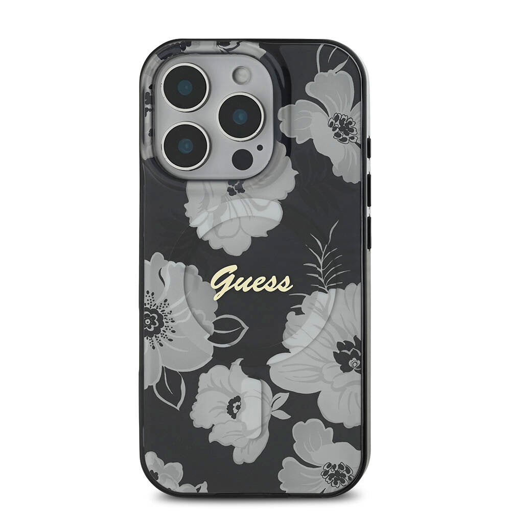 Apple iPhone 16 Pro Max Case Guess Original Licensed M-safe Charging Feature Flower Tone On Tone Ring Cover Black