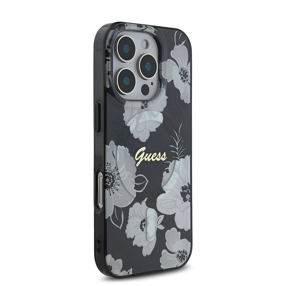 Apple iPhone 16 Pro Max Case Guess Original Licensed M-safe Charging Feature Flower Tone On Tone Ring Cover Black