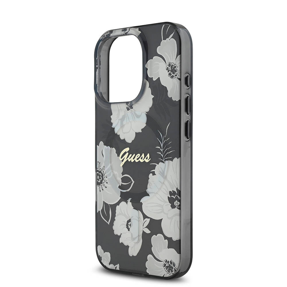 Apple iPhone 16 Pro Max Case Guess Original Licensed M-safe Charging Feature Flower Tone On Tone Ring Cover Black