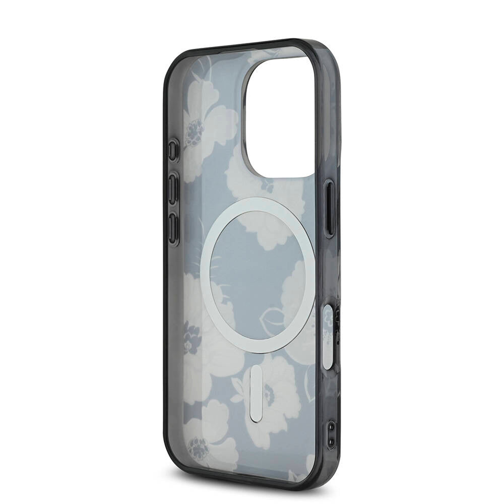 Apple iPhone 16 Pro Max Case Guess Original Licensed M-safe Charging Feature Flower Tone On Tone Ring Cover Black