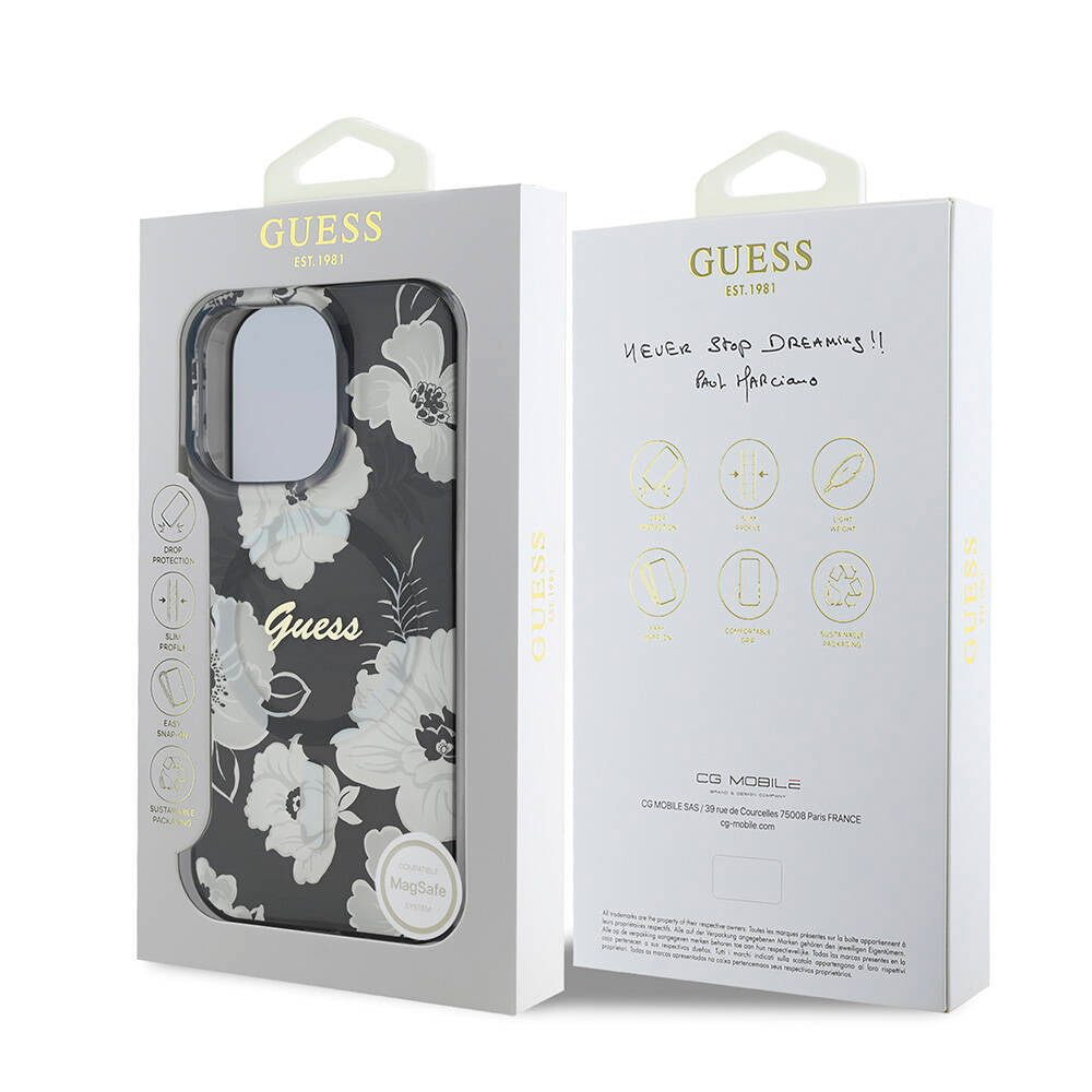 Apple iPhone 16 Pro Max Case Guess Original Licensed M-safe Charging Feature Flower Tone On Tone Ring Cover Black