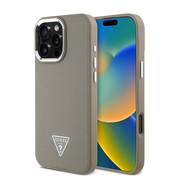 Apple iPhone 16 Pro Max Case Guess Original Licensed M-safe Charging Feature Grained Triangle Cover Brown