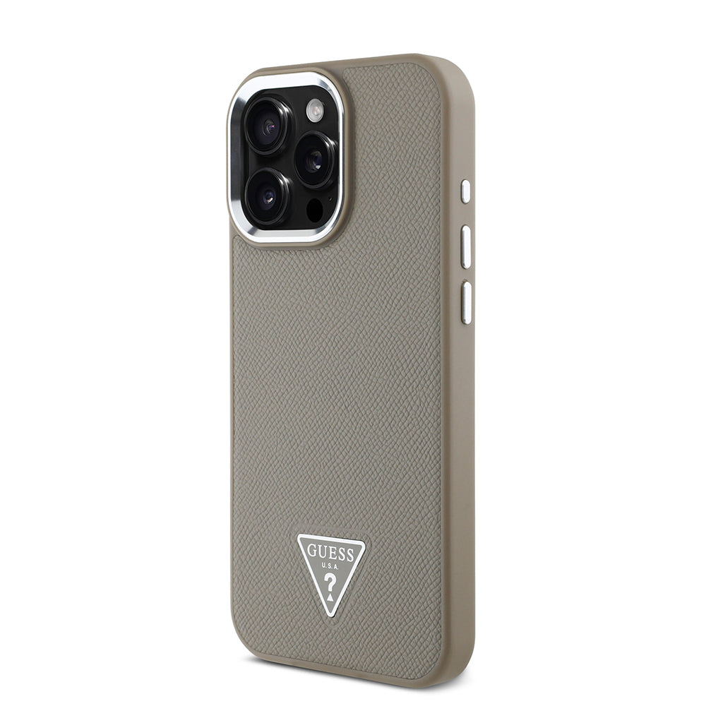 Apple iPhone 16 Pro Max Case Guess Original Licensed M-safe Charging Feature Grained Triangle Cover Brown