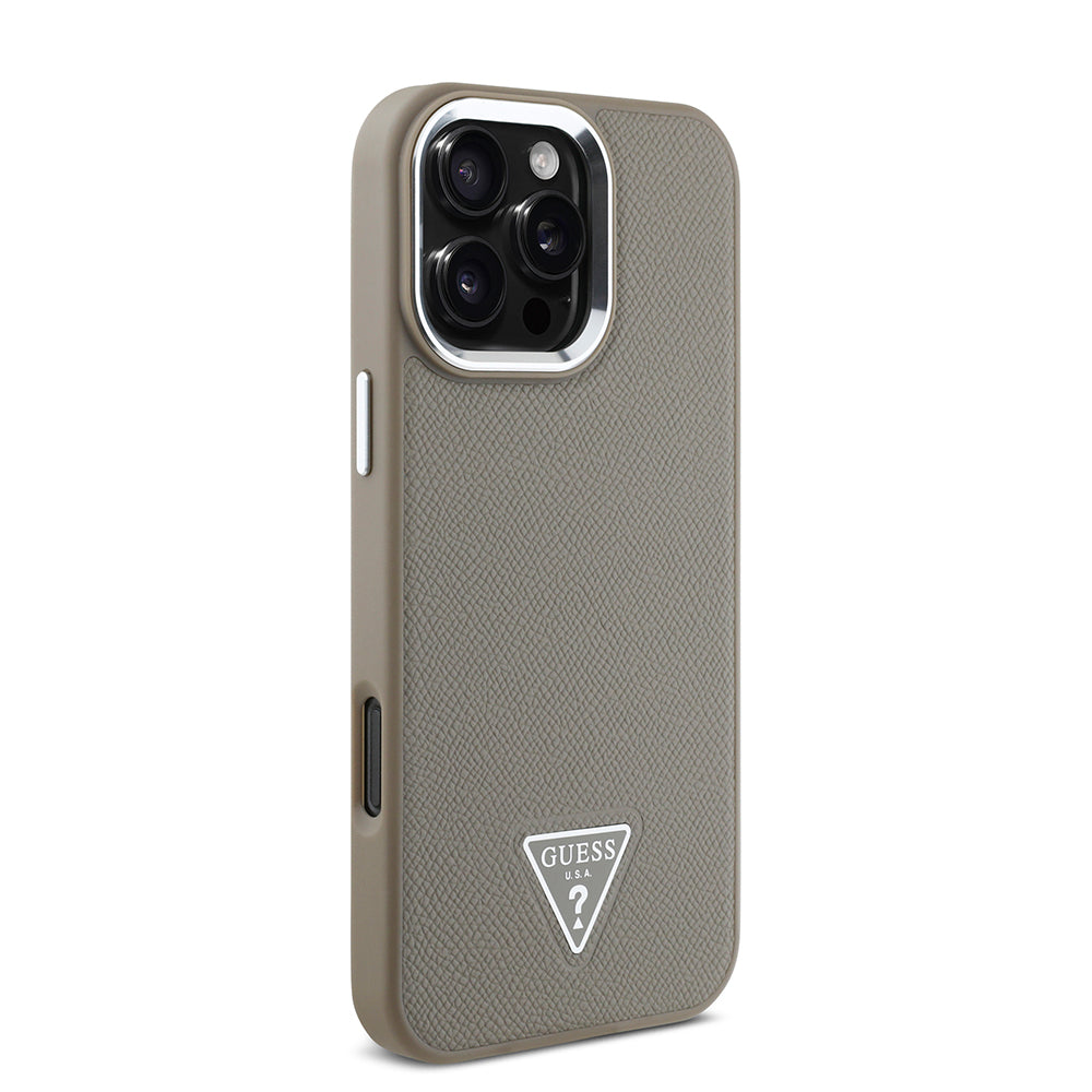 Apple iPhone 16 Pro Max Case Guess Original Licensed M-safe Charging Feature Grained Triangle Cover Brown