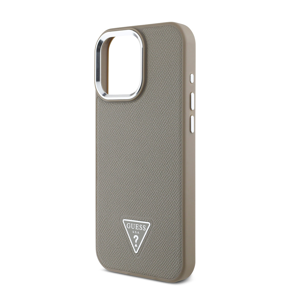 Apple iPhone 16 Pro Max Case Guess Original Licensed M-safe Charging Feature Grained Triangle Cover Brown
