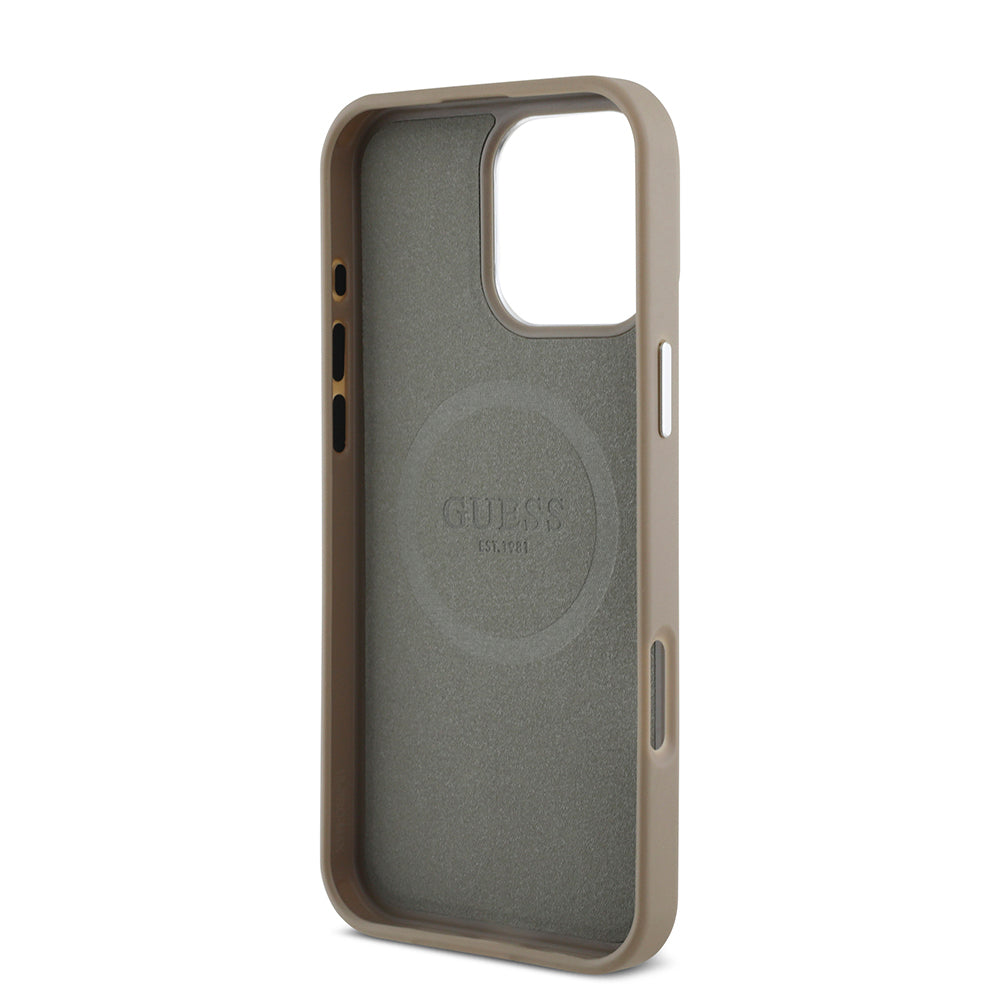 Apple iPhone 16 Pro Max Case Guess Original Licensed M-safe Charging Feature Grained Triangle Cover Brown