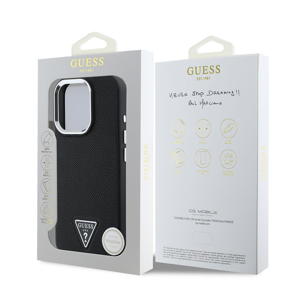 Apple iPhone 16 Pro Max Case Guess Original Licensed M-Safe Charging Feature Grained Triangle Cover Black