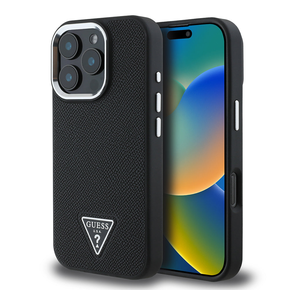 Apple iPhone 16 Pro Max Case Guess Original Licensed M-Safe Charging Feature Grained Triangle Cover Black