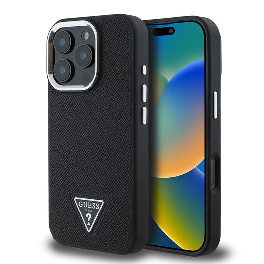 Apple iPhone 16 Pro Max Case Guess Original Licensed M-Safe Charging Feature Grained Triangle Cover Black