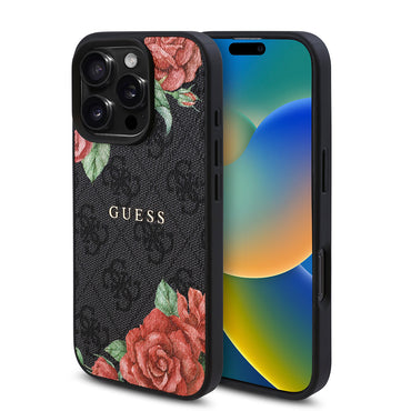Apple iPhone 16 Pro Max Case Guess Original Licensed M-safe Charging Feature Rose Printed 4G Patterned Text Logo Cover Black