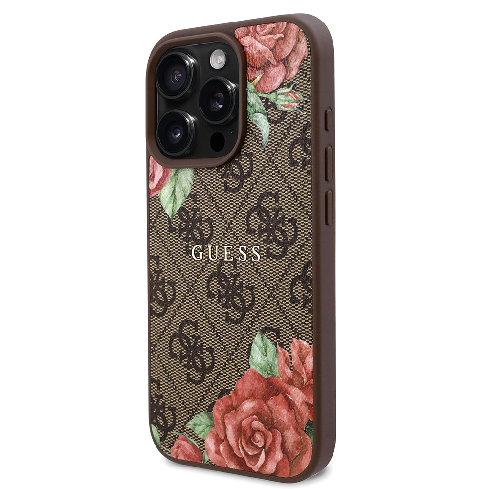 Apple iPhone 16 Pro Max Case Guess Original Licensed M-safe Charging Feature Rose Printed 4G Patterned Text Logo Cover Black