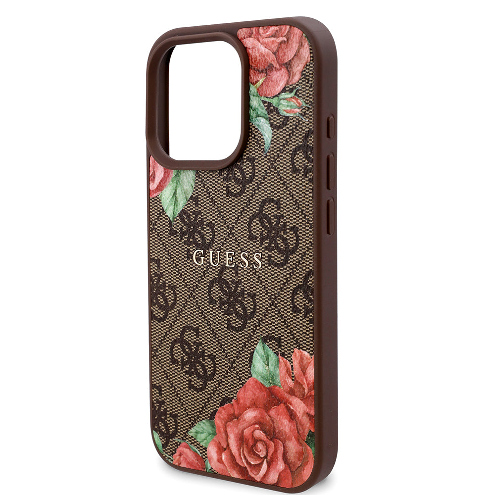 Apple iPhone 16 Pro Max Case Guess Original Licensed M-safe Charging Feature Rose Printed 4G Patterned Text Logo Cover Black