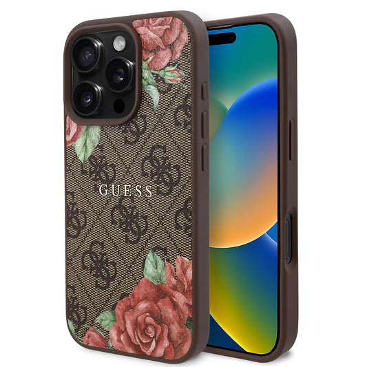 Apple iPhone 16 Pro Max Case Guess Original Licensed M-safe Charging Feature Rose Printed 4G Patterned Text Logo Cover Brown