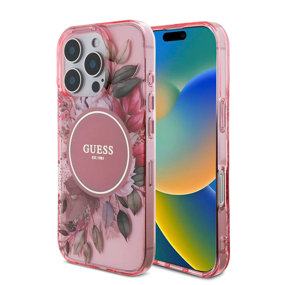 Apple iPhone 16 Pro Max Case Guess Original Licensed M-safe Charging Feature IML Printed Flower Pearl Bracelet Cover Black