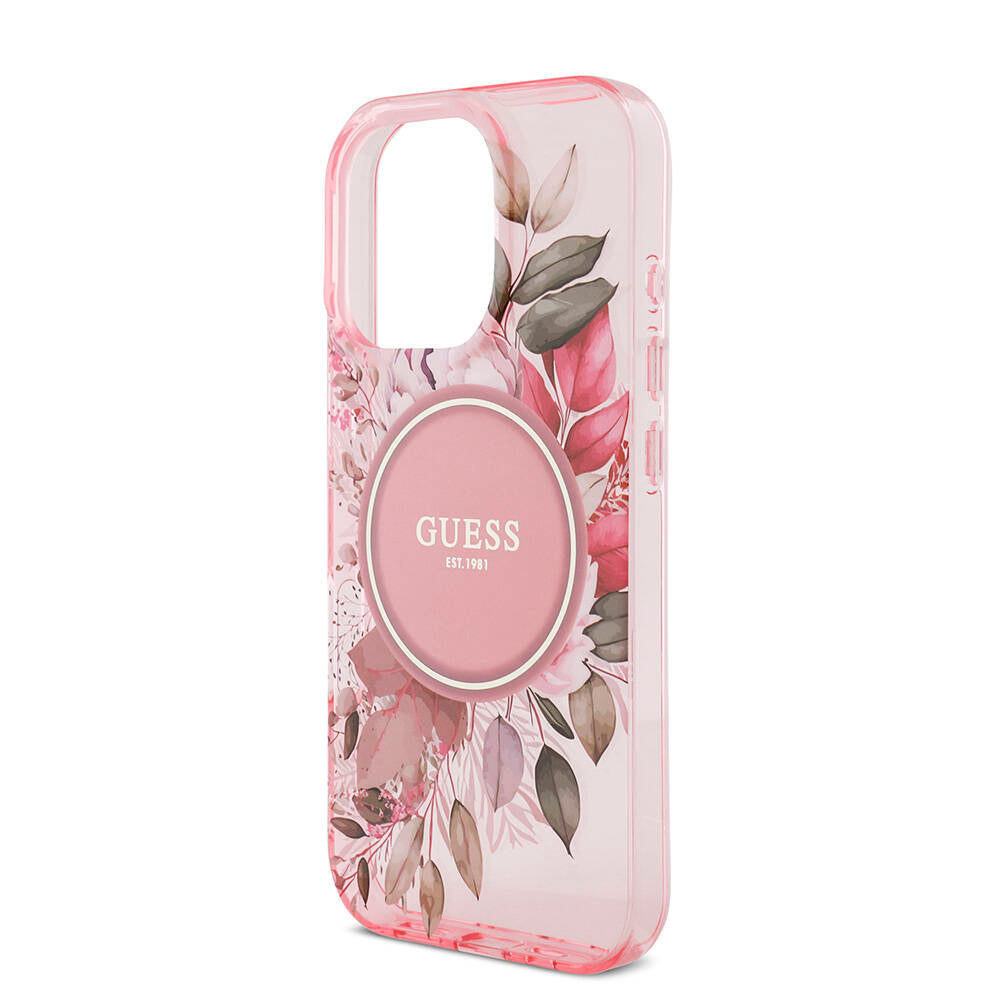 Apple iPhone 16 Pro Max Case Guess Original Licensed M-safe Charging Feature IML Printed Flower Pearl Bracelet Cover Black