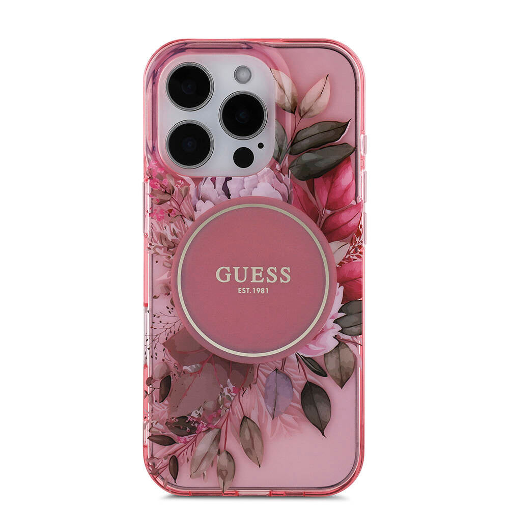 Apple iPhone 16 Pro Max Case Guess Original Licensed M-safe Charging Feature IML Printed Flower Pearl Bracelet Cover Black