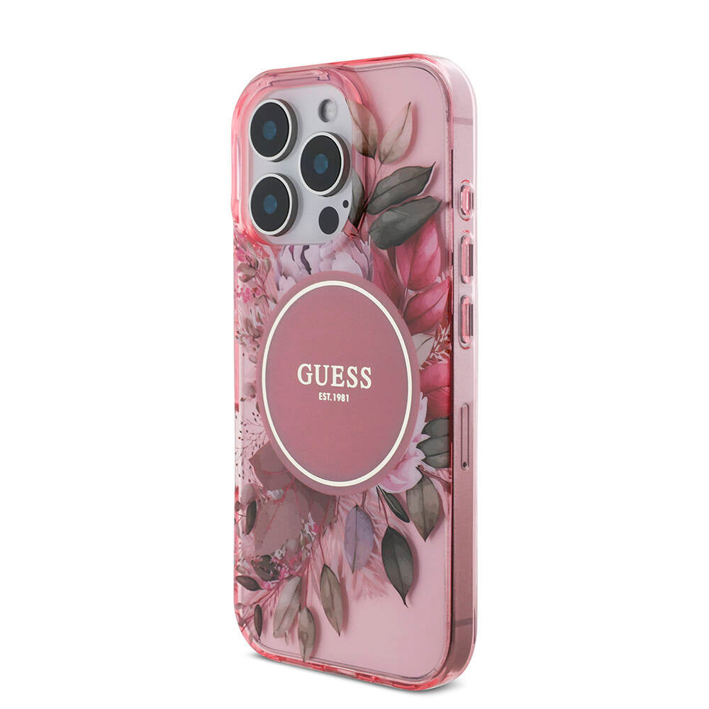 Apple iPhone 16 Pro Max Case Guess Original Licensed M-safe Charging Feature IML Printed Flower Pearl Bracelet Cover Black