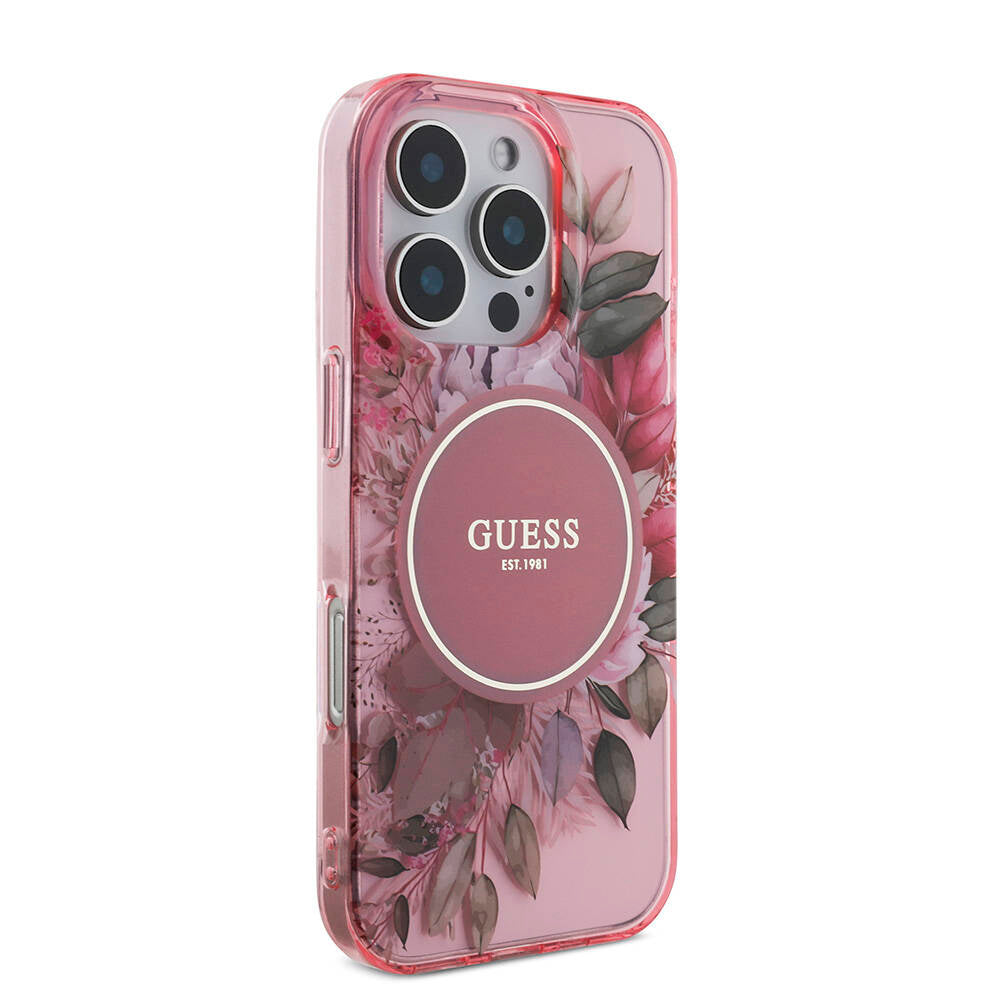 Apple iPhone 16 Pro Max Case Guess Original Licensed M-safe Charging Feature IML Printed Flower Pearl Bracelet Cover Black