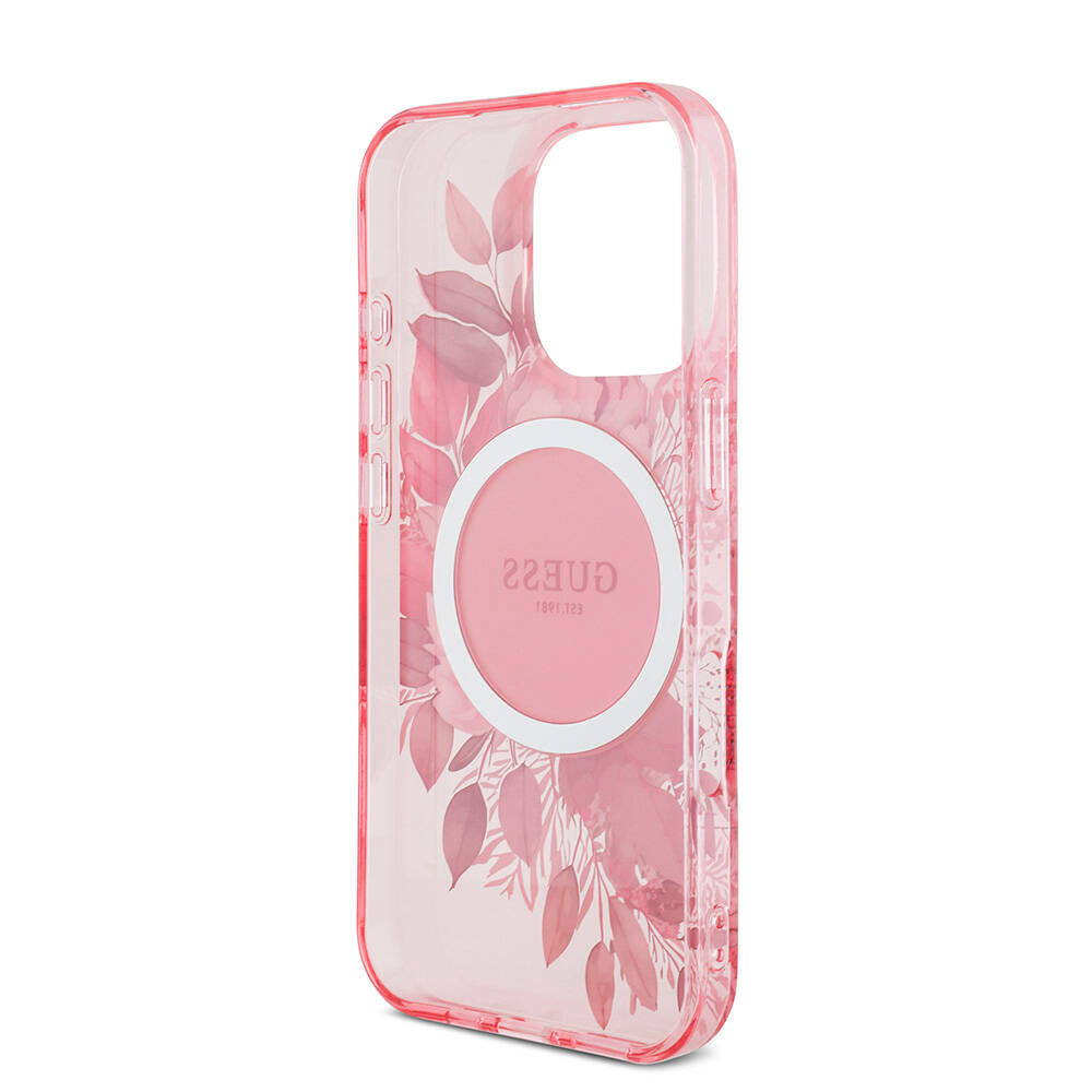 Apple iPhone 16 Pro Max Case Guess Original Licensed M-safe Charging Feature IML Printed Flower Pearl Bracelet Cover Black