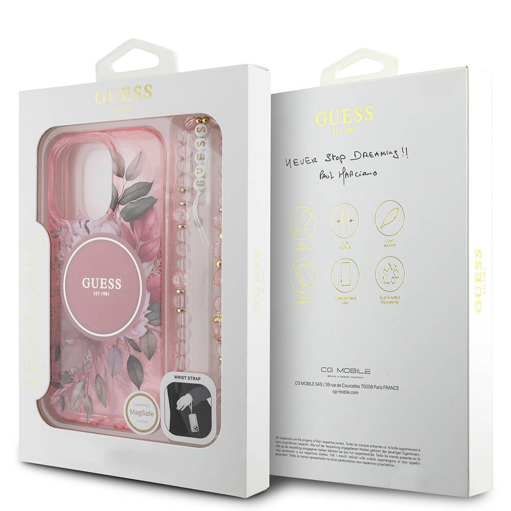 Apple iPhone 16 Pro Max Case Guess Original Licensed M-safe Charging Feature IML Printed Flower Pearl Bracelet Cover Black