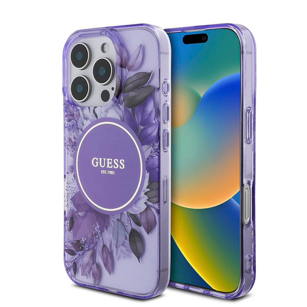 Apple iPhone 16 Pro Max Case Guess Original Licensed M-Safe Charging Feature IML Printed Flower Pearl Bracelet Cover Purple