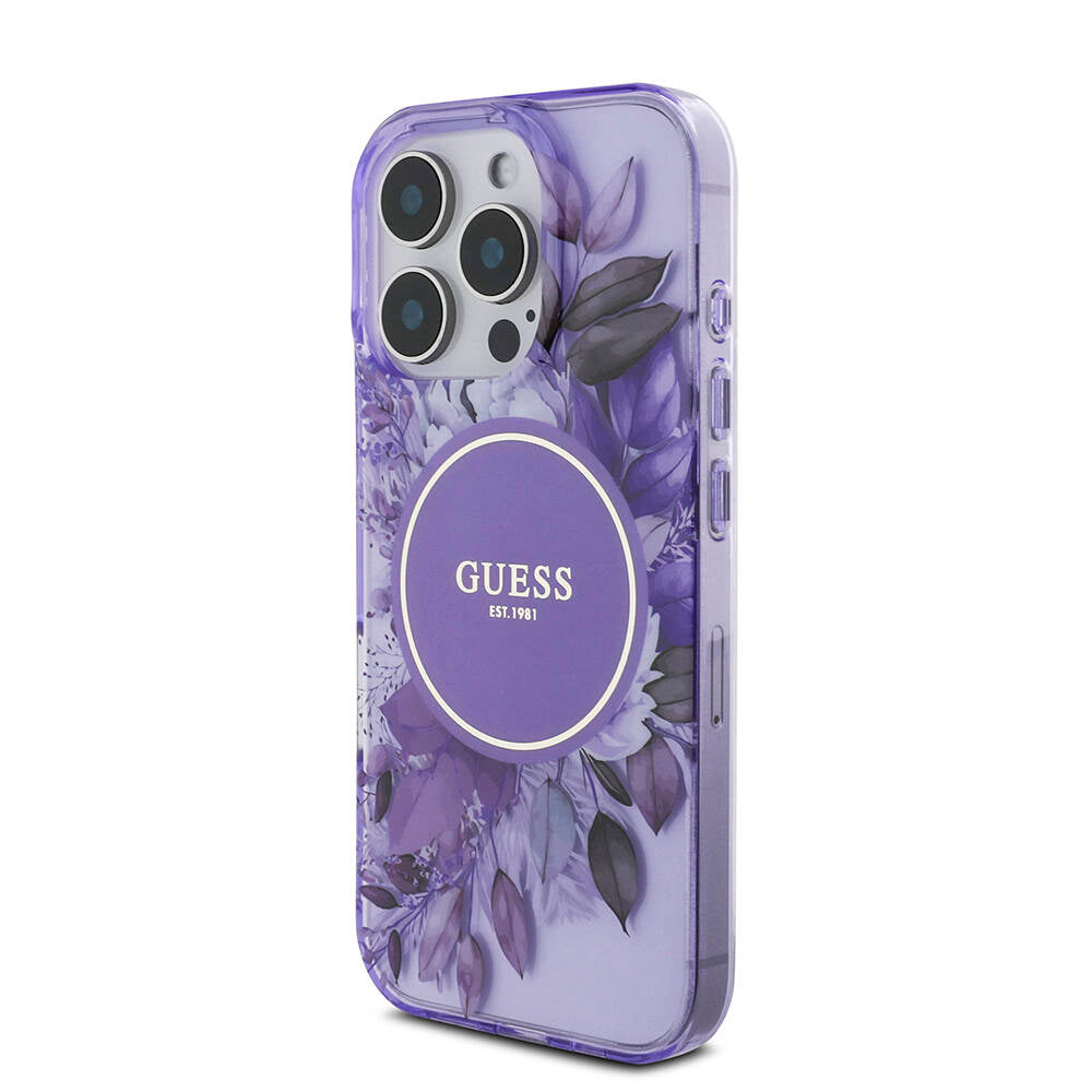 Apple iPhone 16 Pro Max Case Guess Original Licensed M-safe Charging Feature IML Printed Flower Pearl Bracelet Cover Black