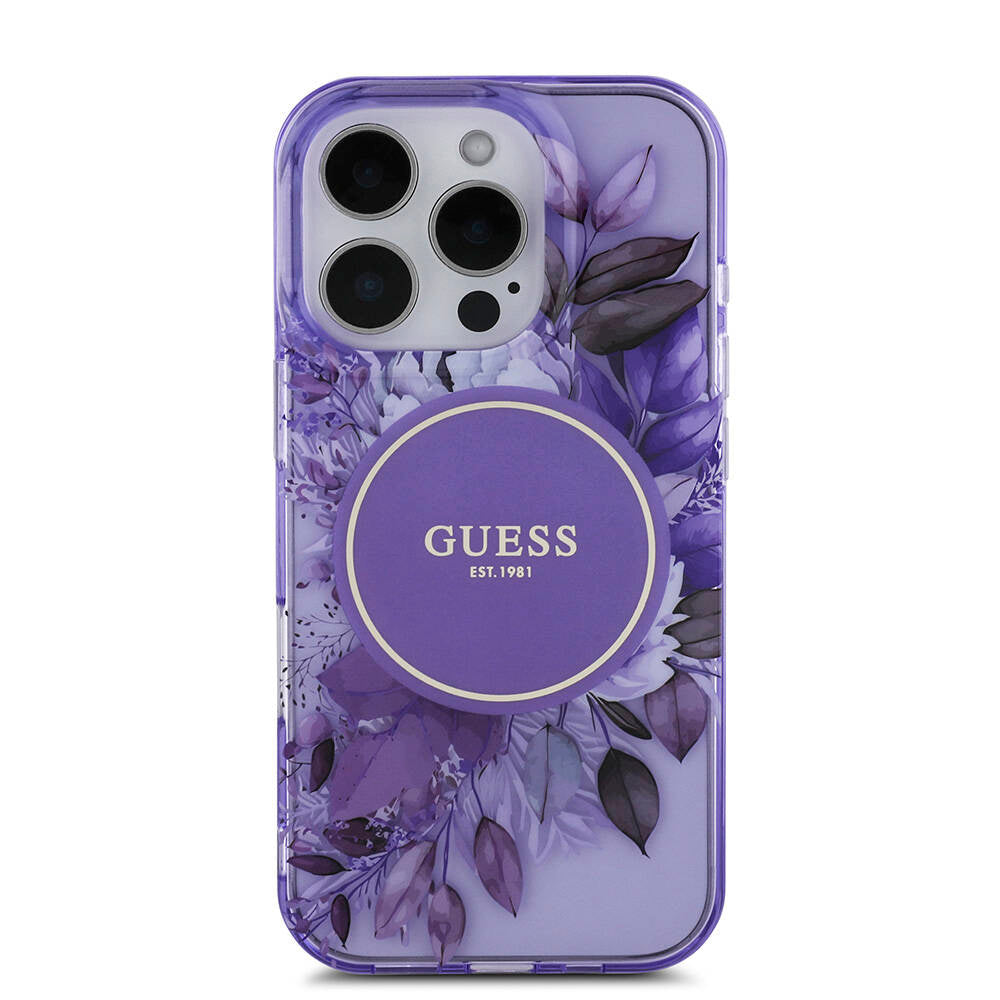 Apple iPhone 16 Pro Max Case Guess Original Licensed M-safe Charging Feature IML Printed Flower Pearl Bracelet Cover Black