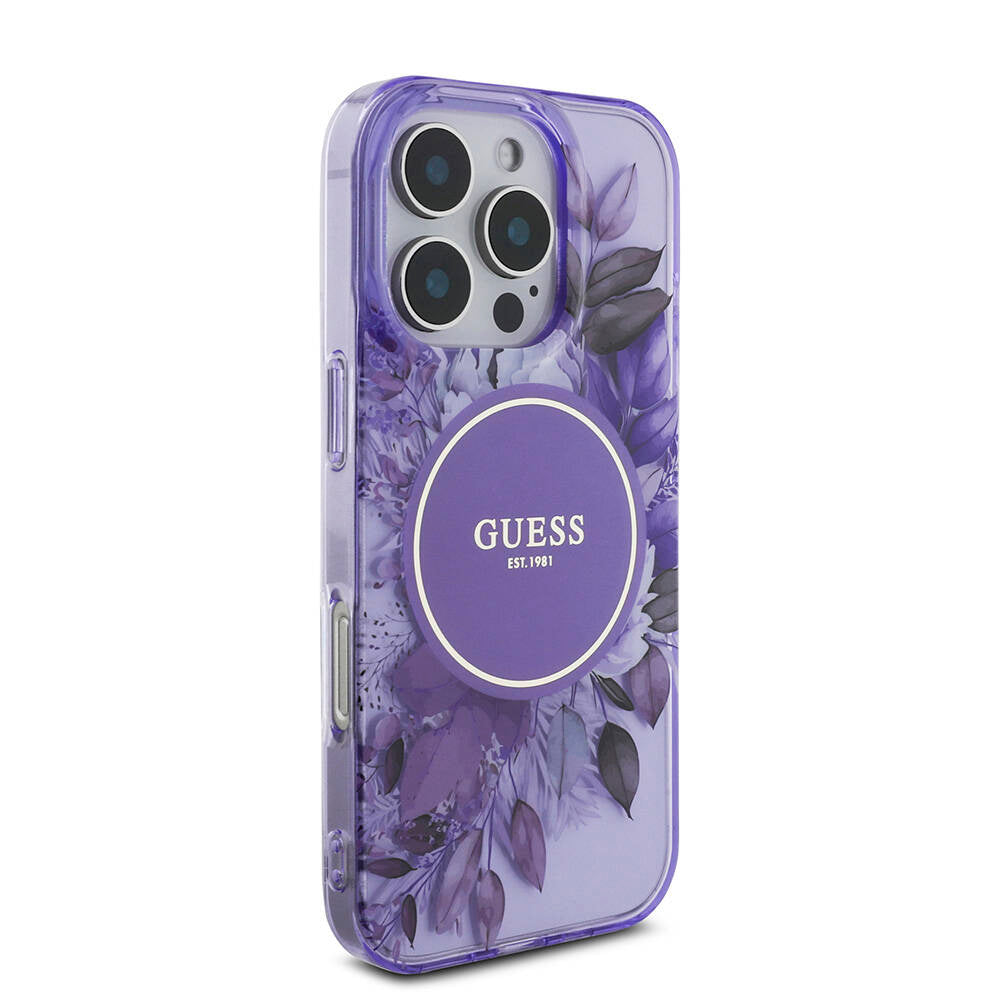 Apple iPhone 16 Pro Max Case Guess Original Licensed M-safe Charging Feature IML Printed Flower Pearl Bracelet Cover Black