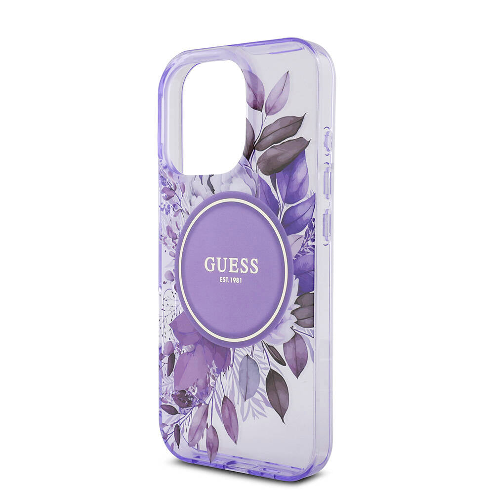 Apple iPhone 16 Pro Max Case Guess Original Licensed M-safe Charging Feature IML Printed Flower Pearl Bracelet Cover Black