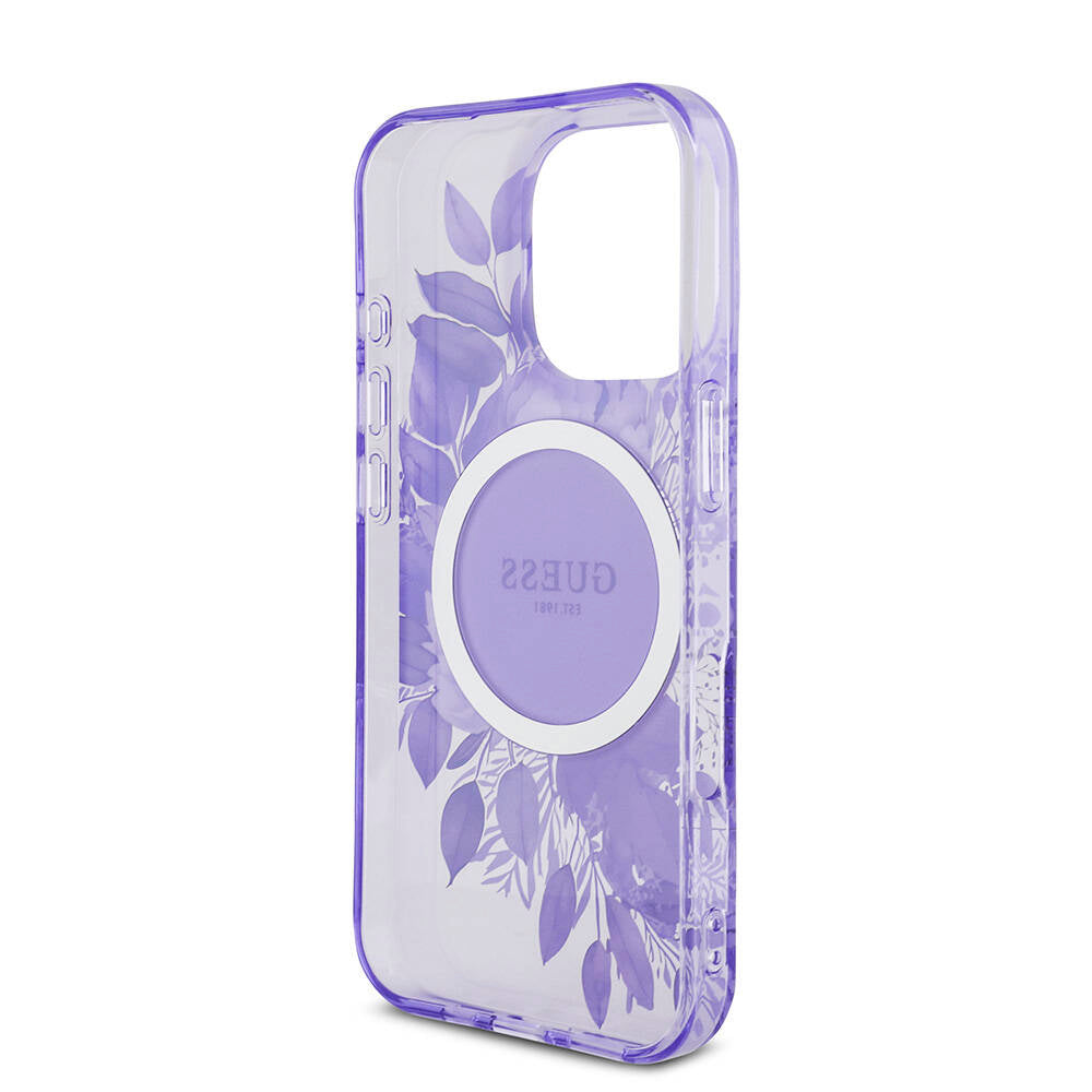 Apple iPhone 16 Pro Max Case Guess Original Licensed M-safe Charging Feature IML Printed Flower Pearl Bracelet Cover Black