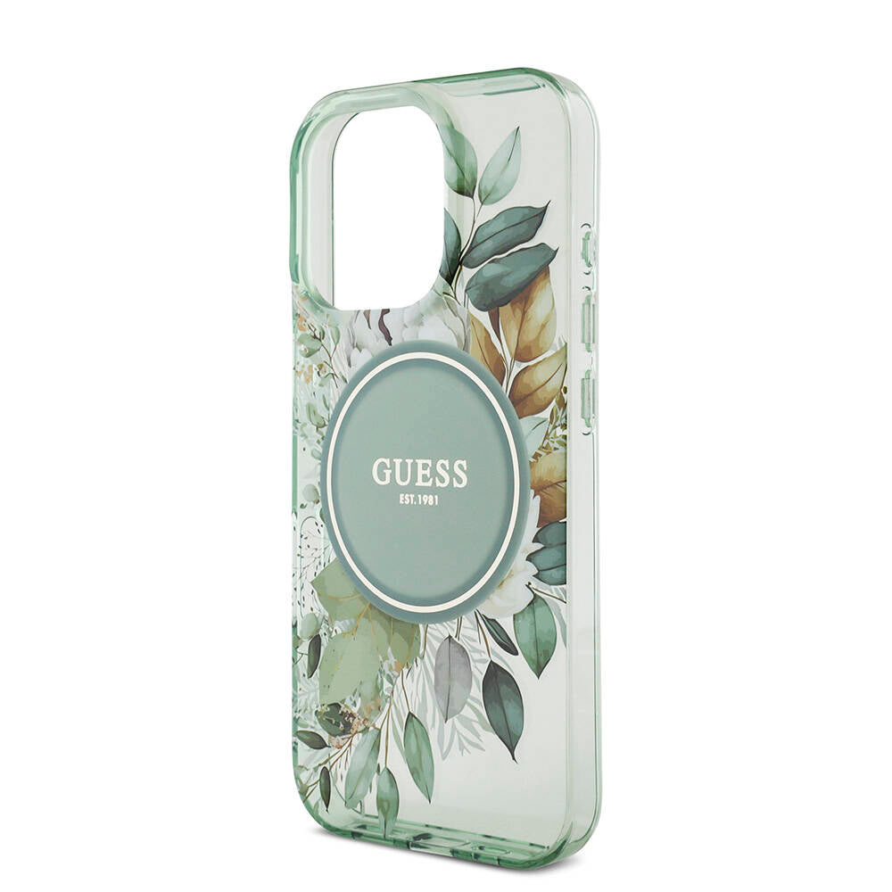 Apple iPhone 16 Pro Max Case Guess Original Licensed M-safe Charging Feature IML Printed Flower Pearl Bracelet Cover Black